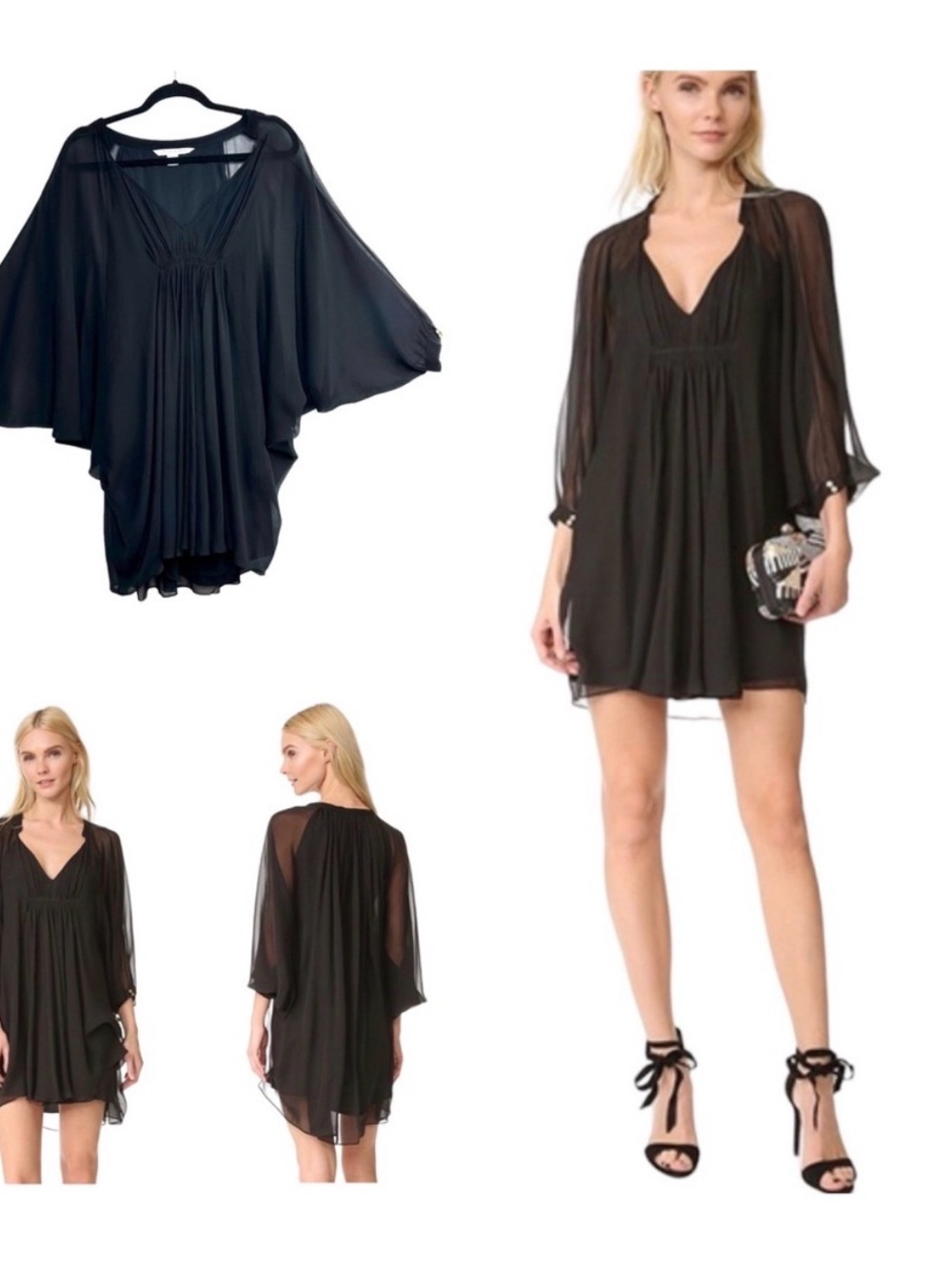 Diane Von Furstenberg- Black V-Neck Fleurette Silk Swing Dress, Size 10